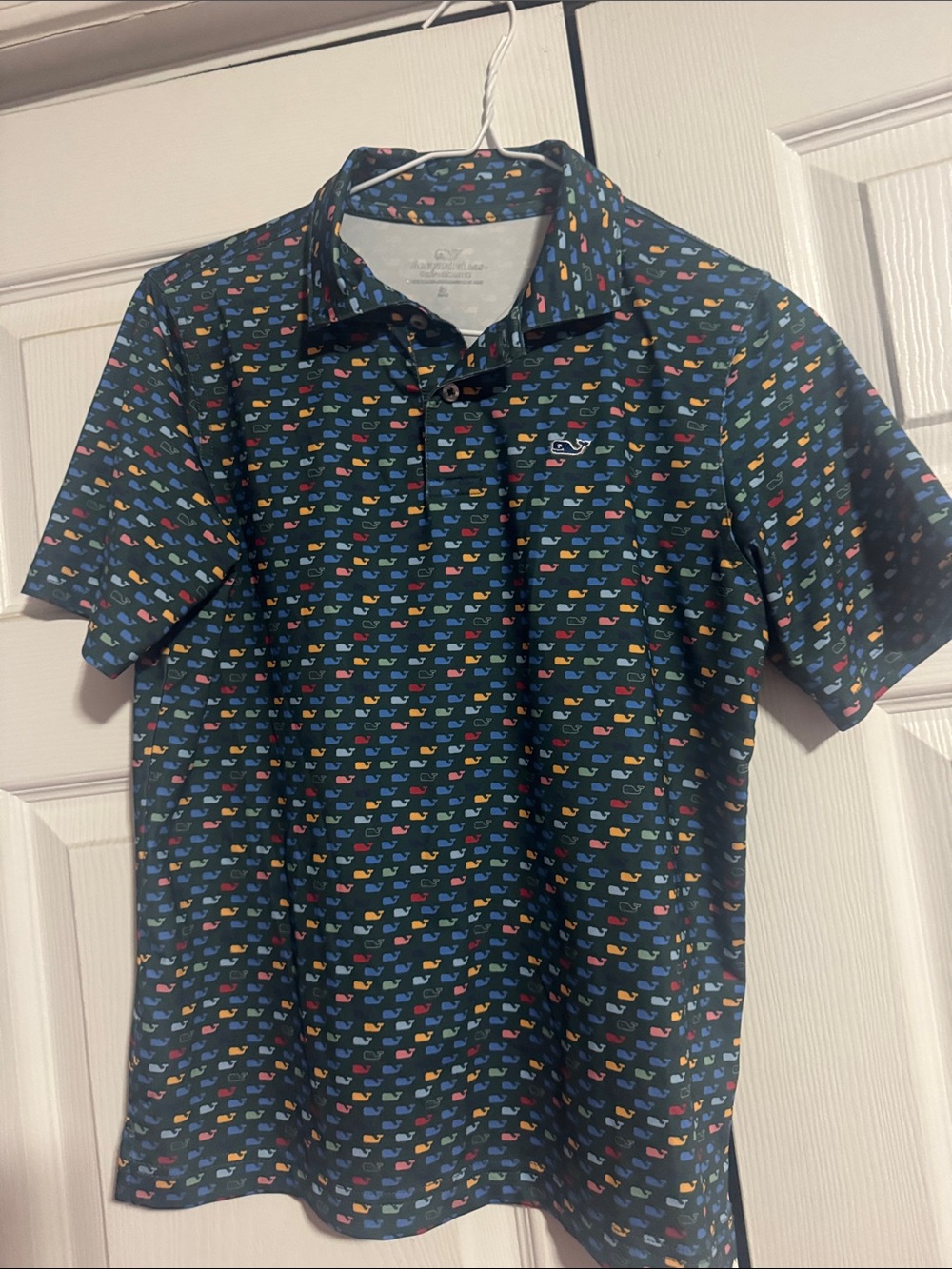 Vineyard Vines Green Performance Polo with Multicolor Whale Print